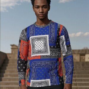 Reason Patchwork Bandana Look Long Sleeve T-Shirt size Large E4 Red Blue